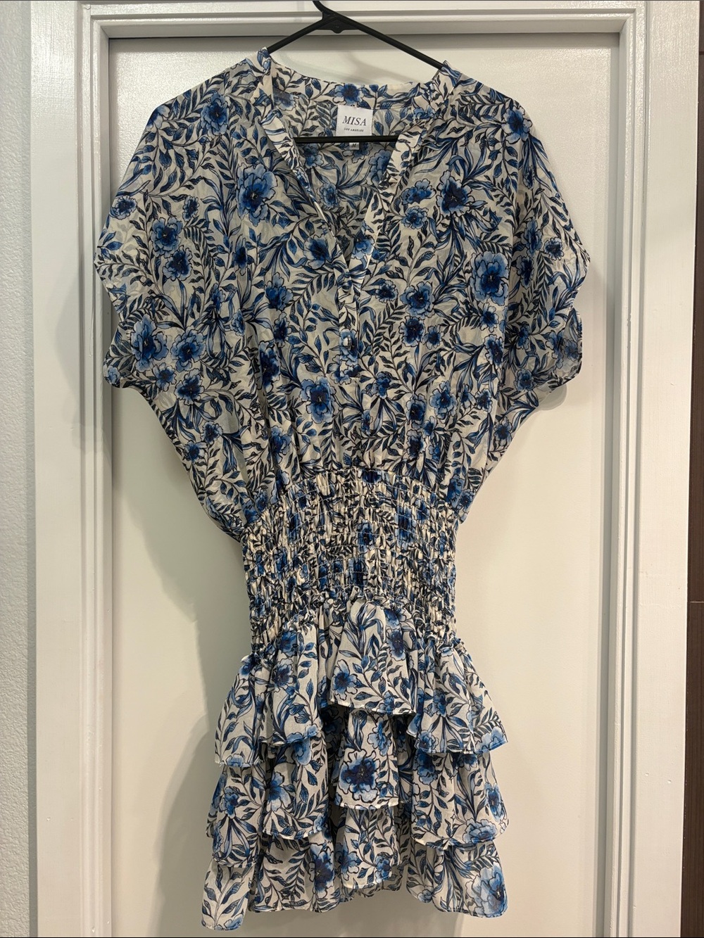 Misa Los Angeles Blue and Cream Floral Smocked Tiered Mini Dress